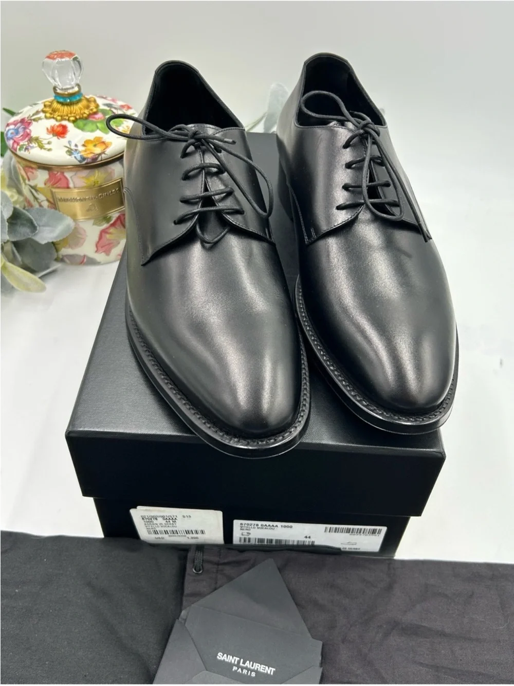 Men’s Saint Laurent ADRIEN Derby shoes in black glazed leather size 44 Italy